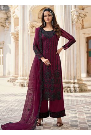  Magenta and Black Embroidered Pant Style Suit 
