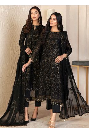 Embroidered Net Pakistani Suit in Black and Purple : KCH9764