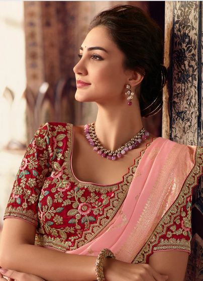 Pink And Red Sequence Embroidery Saree