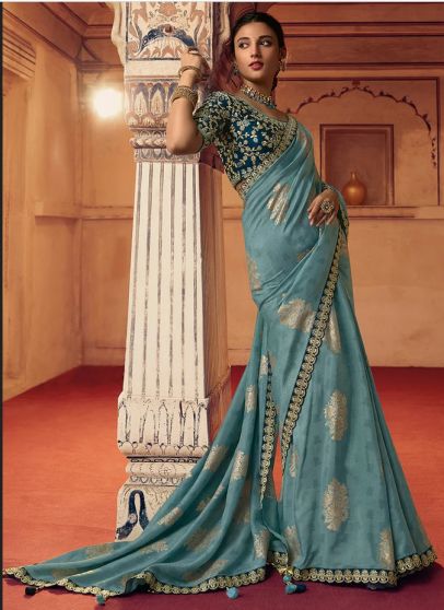 Blue Dual Tone Sequence Embroidery Saree