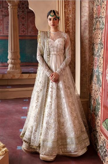 Buy Wedding Wear Beige Net Embroidery Work Designer Anarkali Suit Online