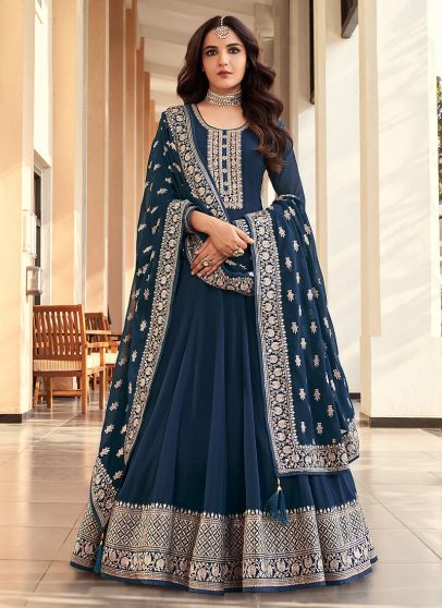  Blue and Gold Embroidered Anarkali 