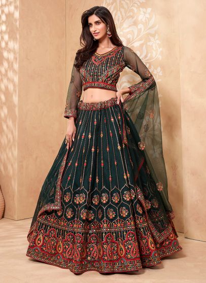 Green Floral Embroidered Lehenga