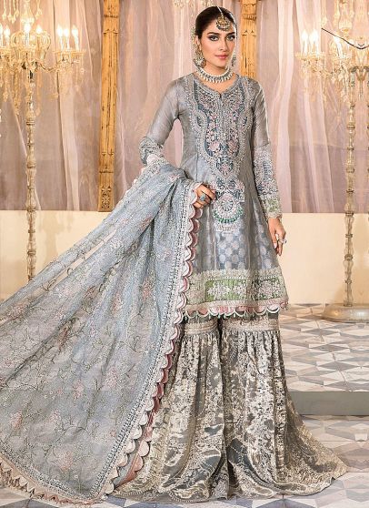 Pearl Blue and Ash Pink Embroidered Pakistani Gharara Suit