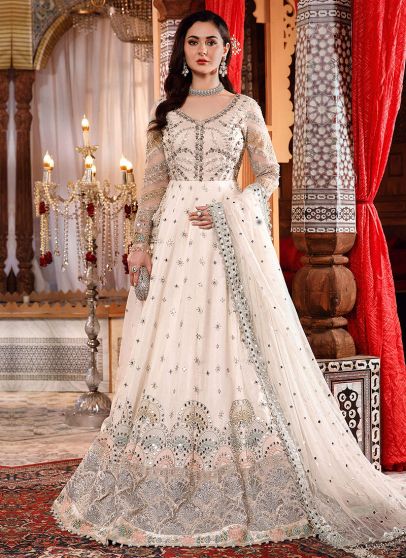 Pearl White and Peachy Silver Embroidered Pakistani Anarkali