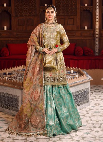 Salmon and Leaf Green Embroidered Pakistani Gharara Suit