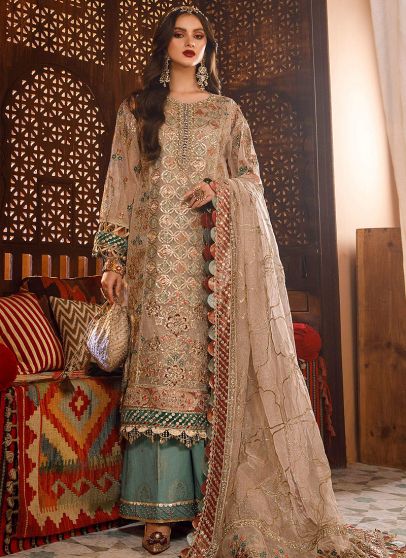 Off White with Sea Green Embroidered Pakistani Palazzo Suit