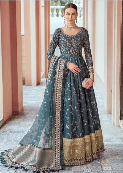 Teal Embroidered Pakistani Anarkali Suit