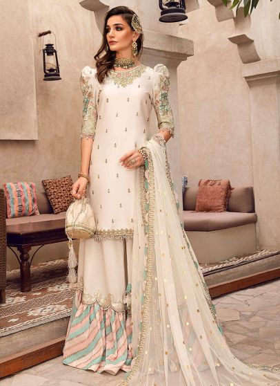 Ivory and Gold Embroidered Pakistani Gharara Suit