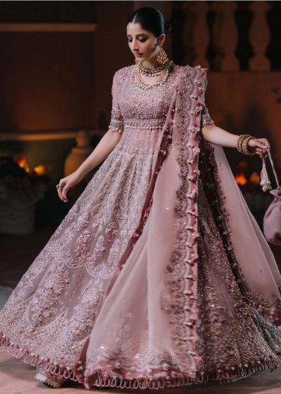Buy Calmna Pink Hand Painted Organza Gotapatti Anarkali Suit (Set of 3)  online