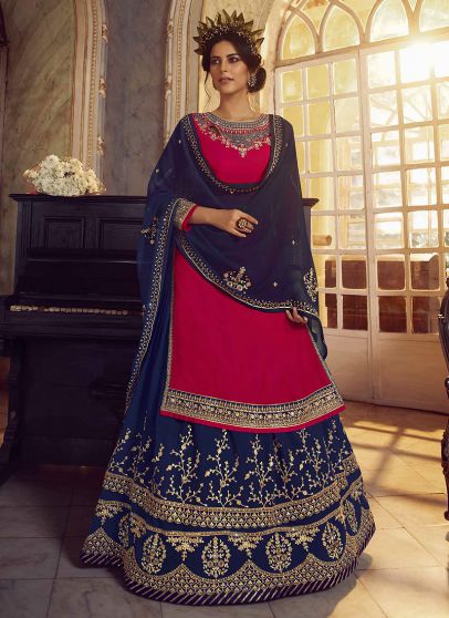  Pink and Blue Embroidered Lehenga/ Pant Style Suit 