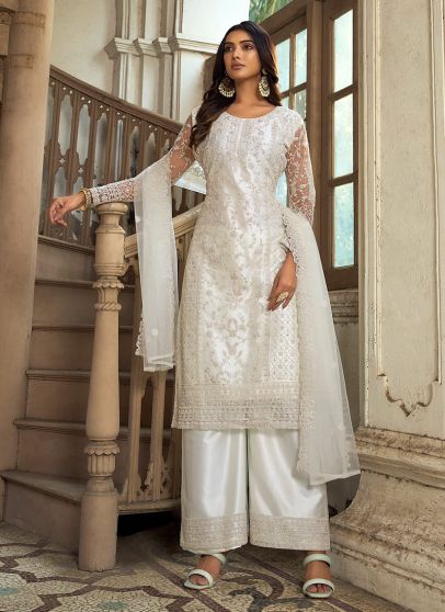  White Embroidered Pant Style Suit 
