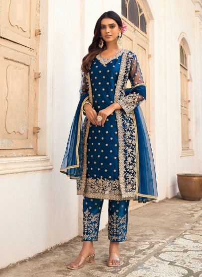  Blue and Gold Embroidered Jacket Style Suit 