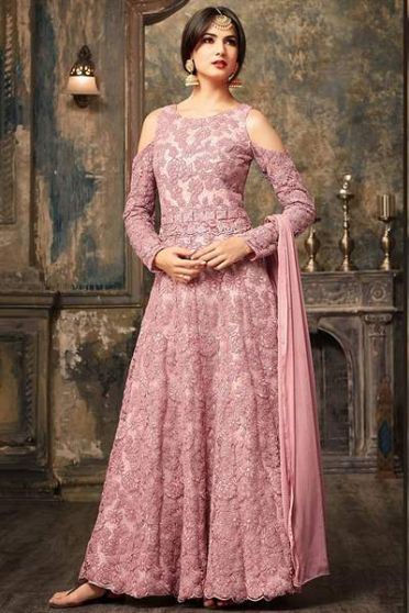 Pink Net Embroidered Designer Anarkali 