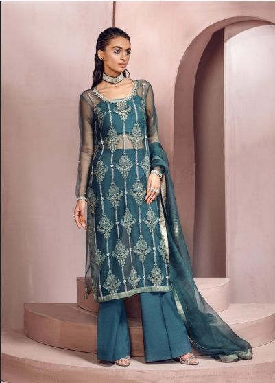 Real Teal Embroidered Pakistani Palazzo Suit