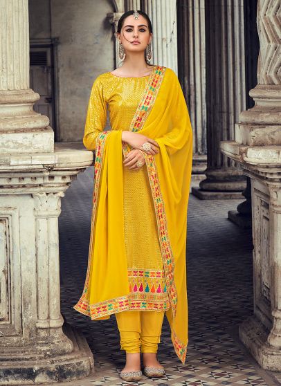  Mustard Yellow Embroidered Straight Suit 