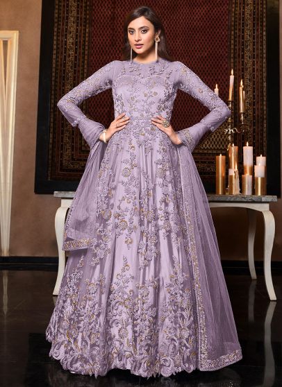  Purple and Gold Embroidered Anarkali 