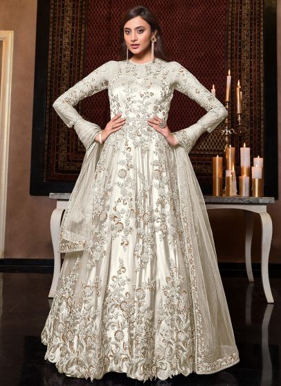  White and Gold Embroidered Anarkali 