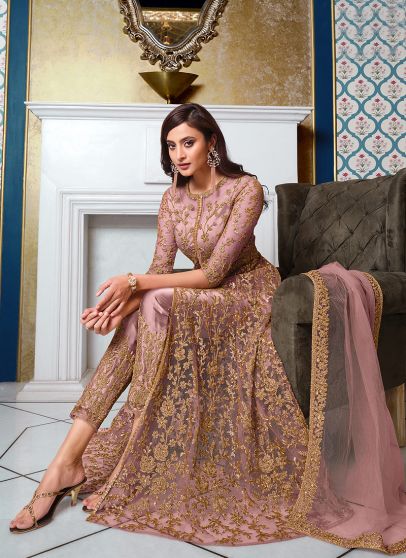  Beige and Gold Embroidered Pant Style Anarkali 