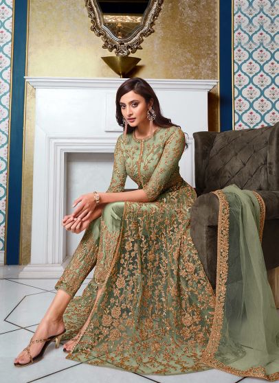  Green and Gold Embroidered Pant Style Anarkali 