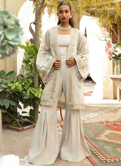 Cream Straight Cut Embroidered Pant Suit Latest 4169SL04