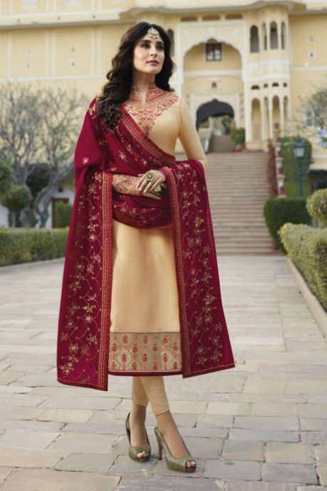 Beige Georgette Satin Straight Cut Salwar Kameez